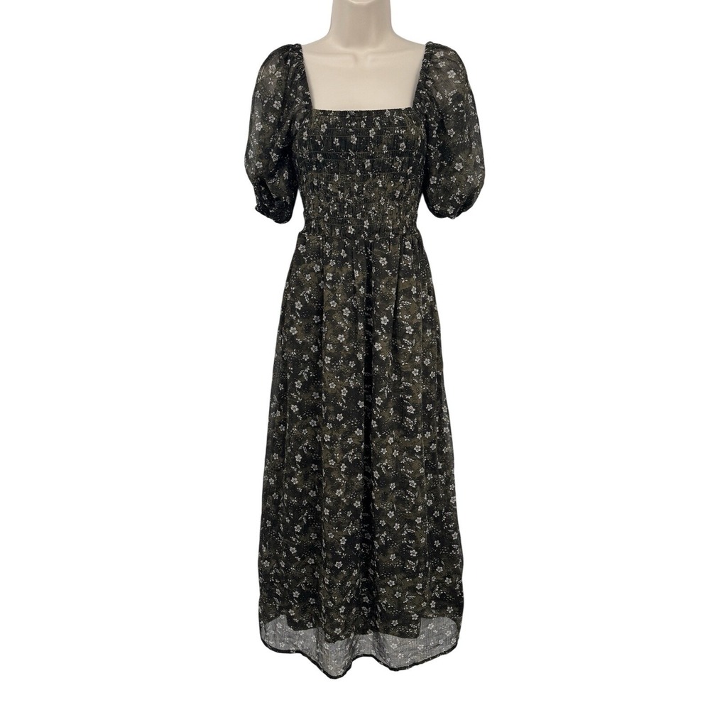 Old Navy Milkmaid Forest Fairy Maxi Dress Small Green Metallic Floral Pockets